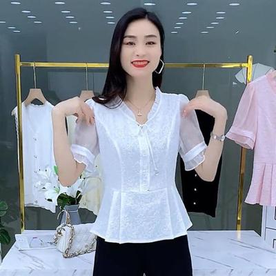 Floral Jacquard Chiffon Shirt Women Summer Short Sleeve Loose Fit Casual Tops Small Size Trendy Blouse