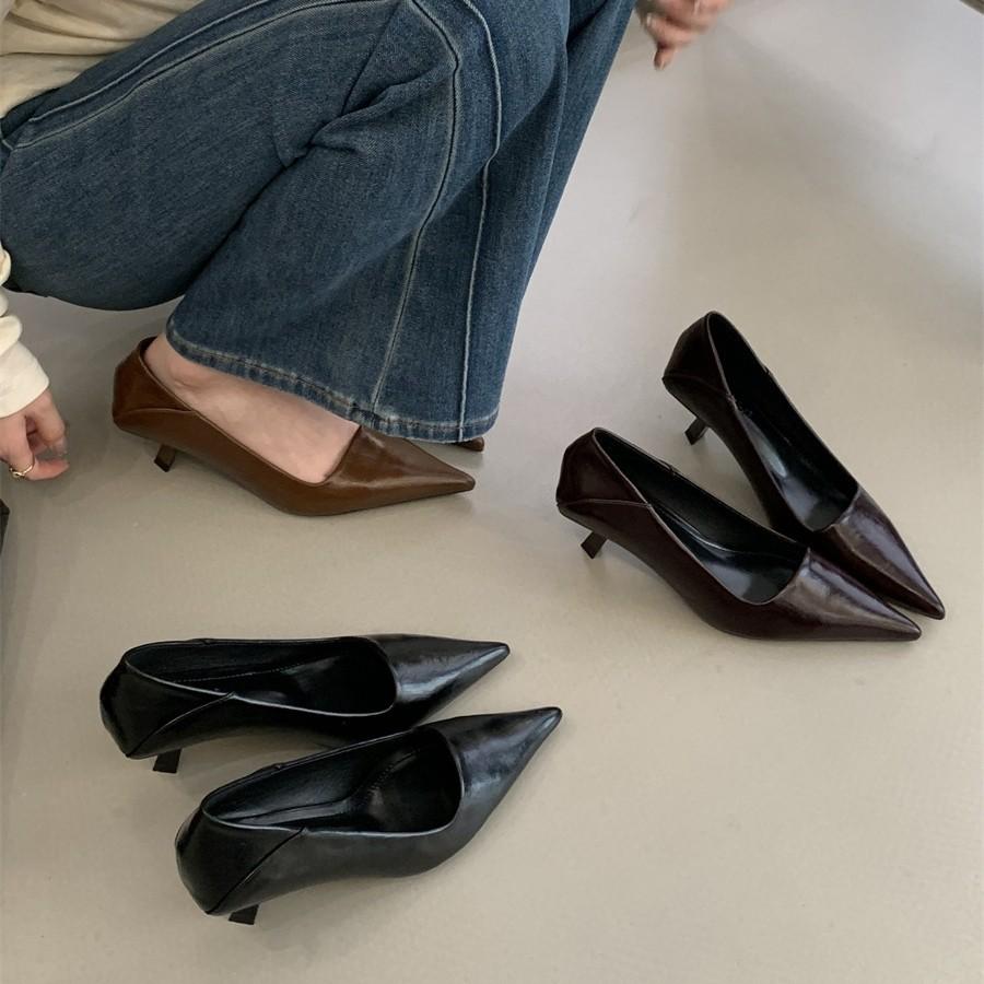 2025 Autumn Pointed Stiletto High Heels One-pedal French Kitten Heel Single Shoes Light Mouth Temperament Commuter Work Shoes