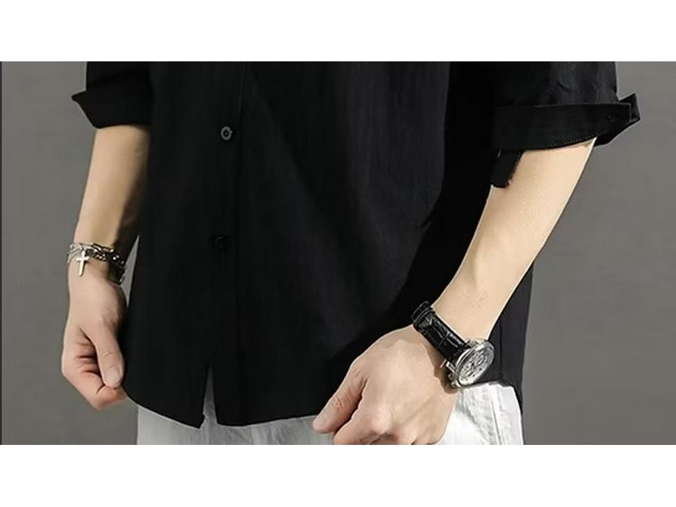 2024 Men's Japanese-Style Casual Stand Collar Shirt - Three-Quarter Sleeve, Loose Fit, Cotton & Linen