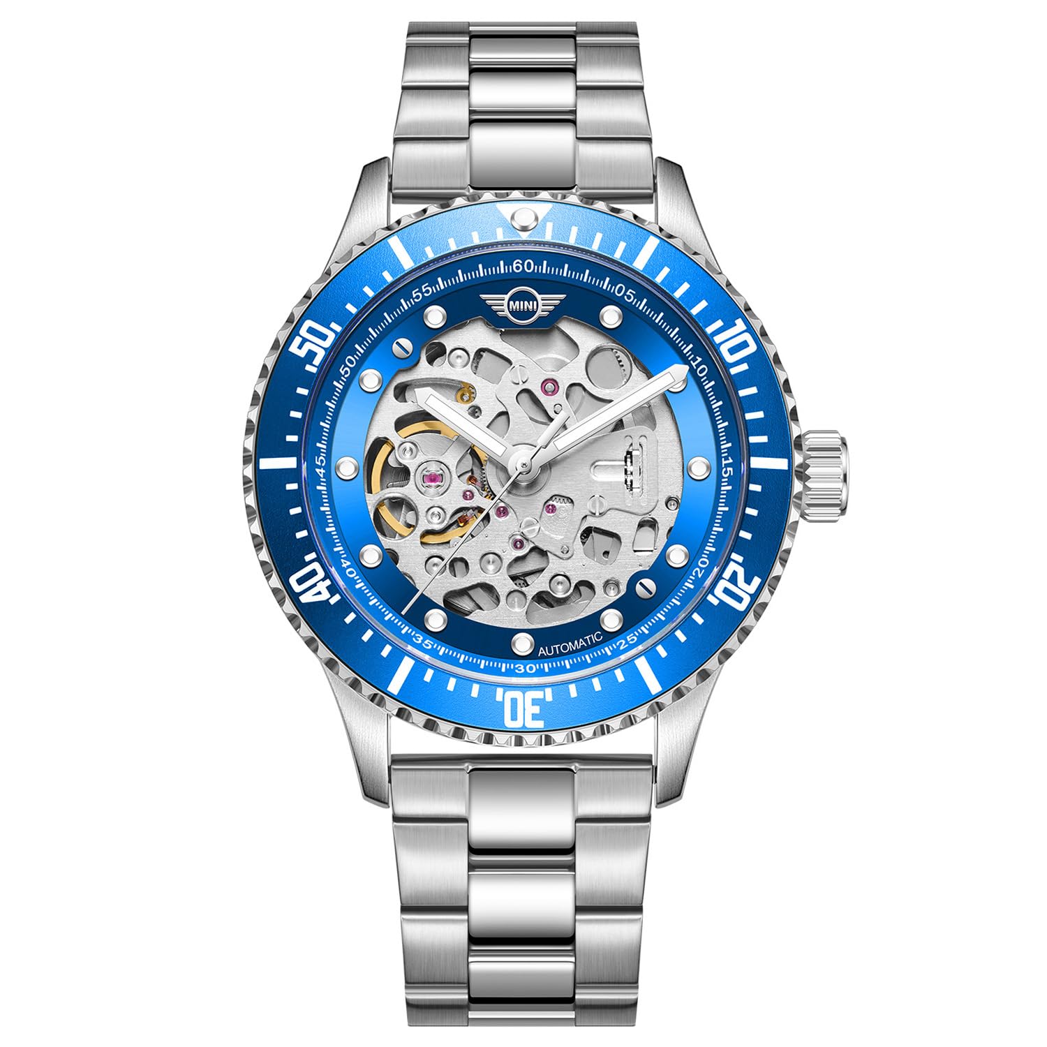 

MINI Automatic Watch 162303 42mm Skeleton Automatic Mechanical Watch SS Bracelet Mini Cooper MA-3 Men s Blue/Silver Double-Sided [Regular Imported]