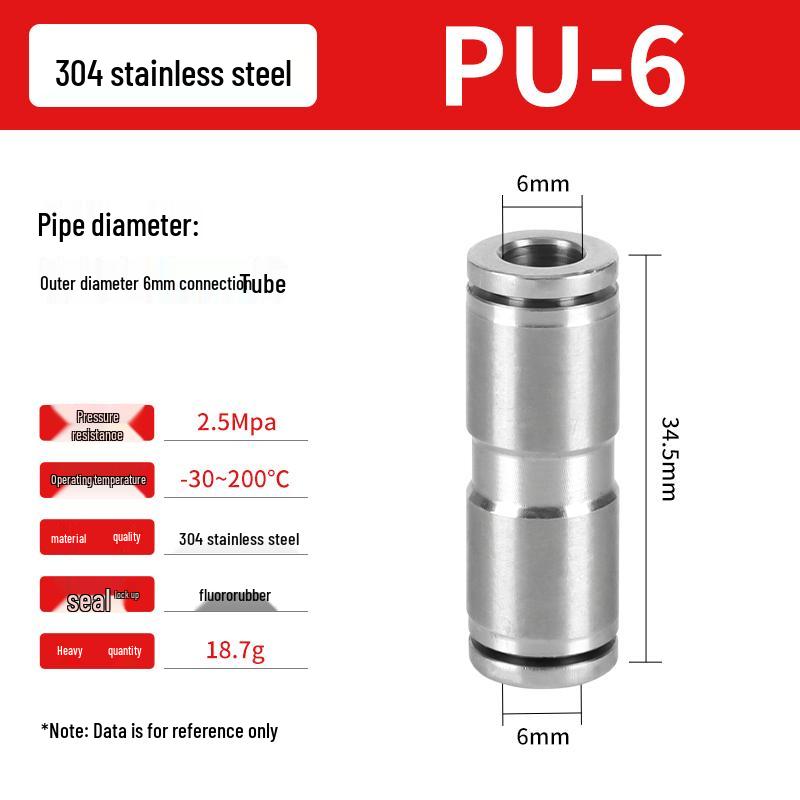 

304 Stainless Steel Pneumatic Quick Connector for PU Air Tubes, Straight Reducer PG8-6, Tee Connector PE/PY - High Pressure Resistant