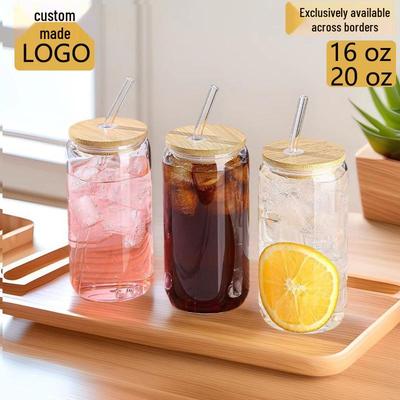 Bicchiere da 16oz Trasparente di Alto Valore per Cola con Coperchio in Bambù e Cannuccia in Vetro Borosilicato, con Logo Stampato.