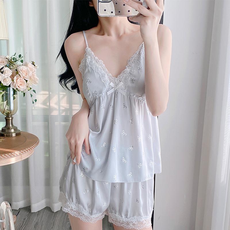 Women’s Summer Ice Silk Pajama Set Camisole Top and Shorts Sweet Sexy Pure Style Loungewear Sleepwear