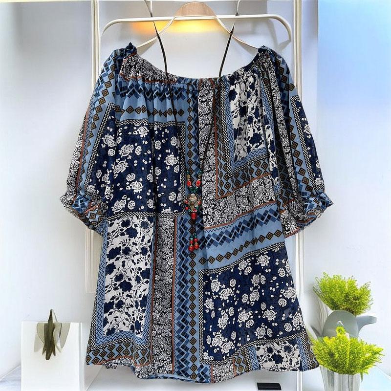 Stilfull Vintage Folk-tryckt Blus Sommar Casual Båtringning Rynkad Damkläder Halvärm Lös Volanger Sömmar Skjorta
