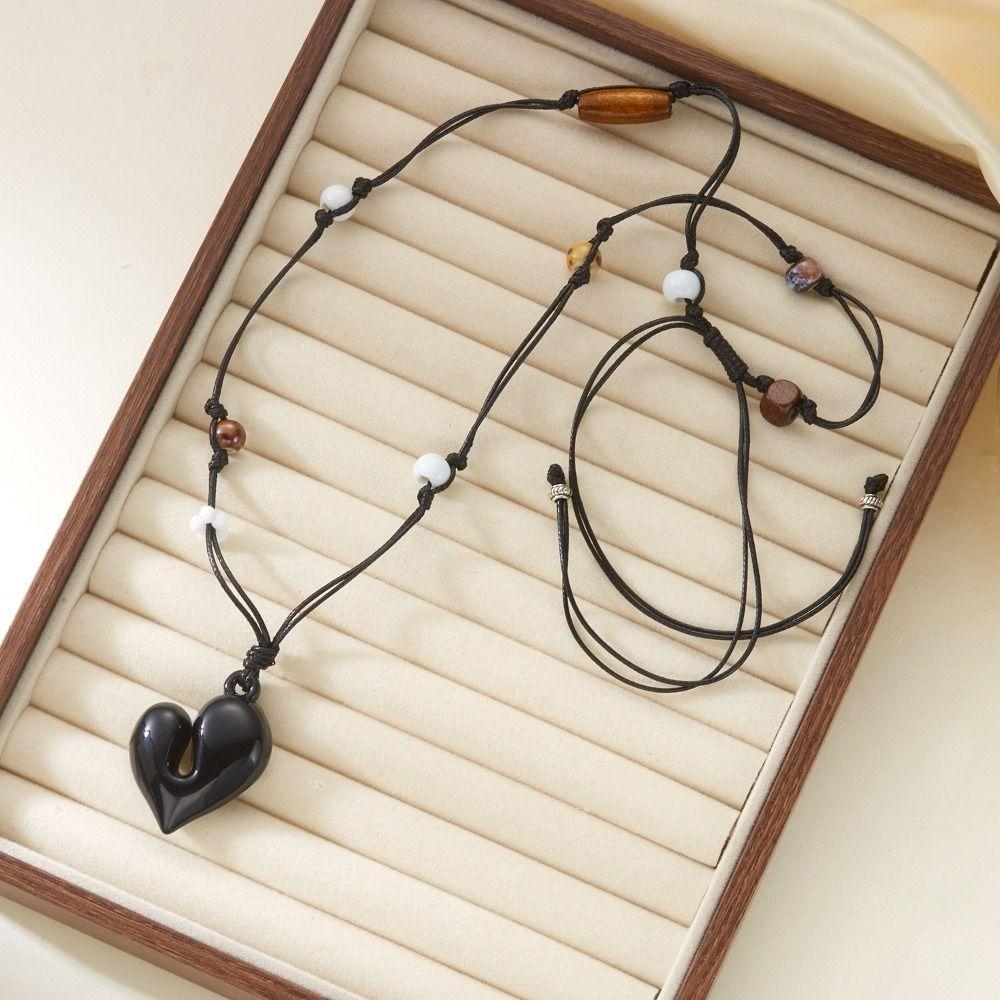 Flowers Beads Heart Pendant Necklace Adjustable Beaded Necklace Irregular Heart Necklace  For Women