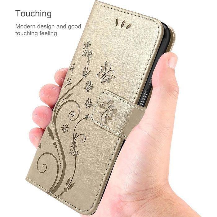 Coque pour Samsung Galaxy A26 5G - BOOLING - Cuir Synthétique Doré Motif Relief Papillon - 2 Verres Trempés