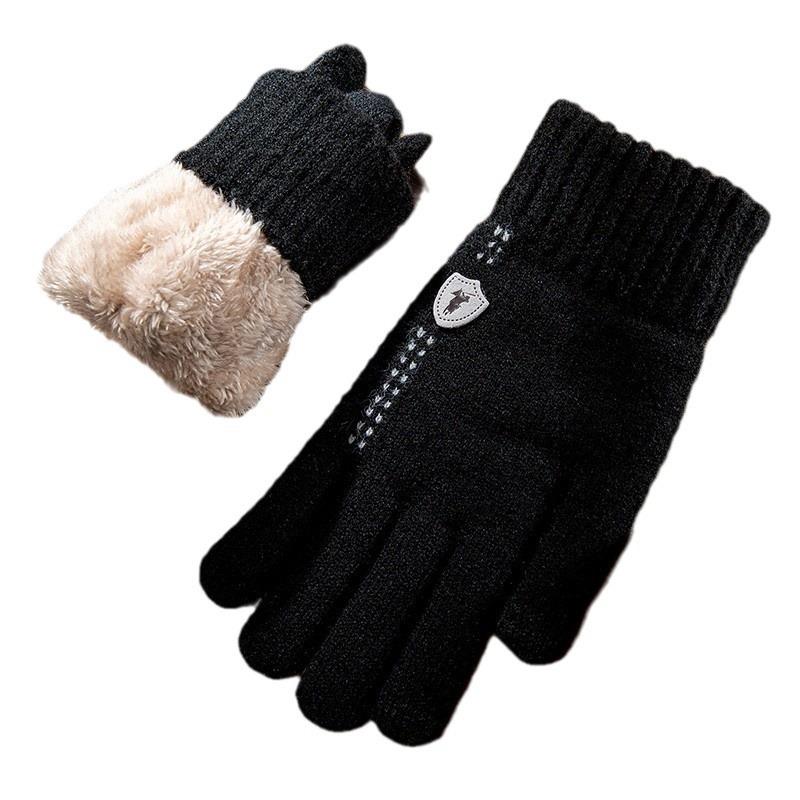 Double-layer Velvet Thickened Cold-proof Knitted Five-finger Wool Men's Winter Outdoor Windproof Cotton Gloves To Keep Warm While Cycling