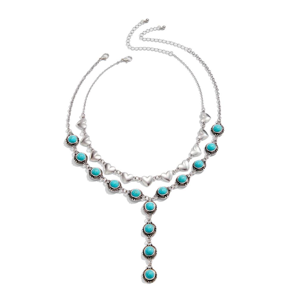 Ethnic Style Imitation Turquoise Cross Beaded Necklace, Retro Love Bow Pendant Collarbone Chain