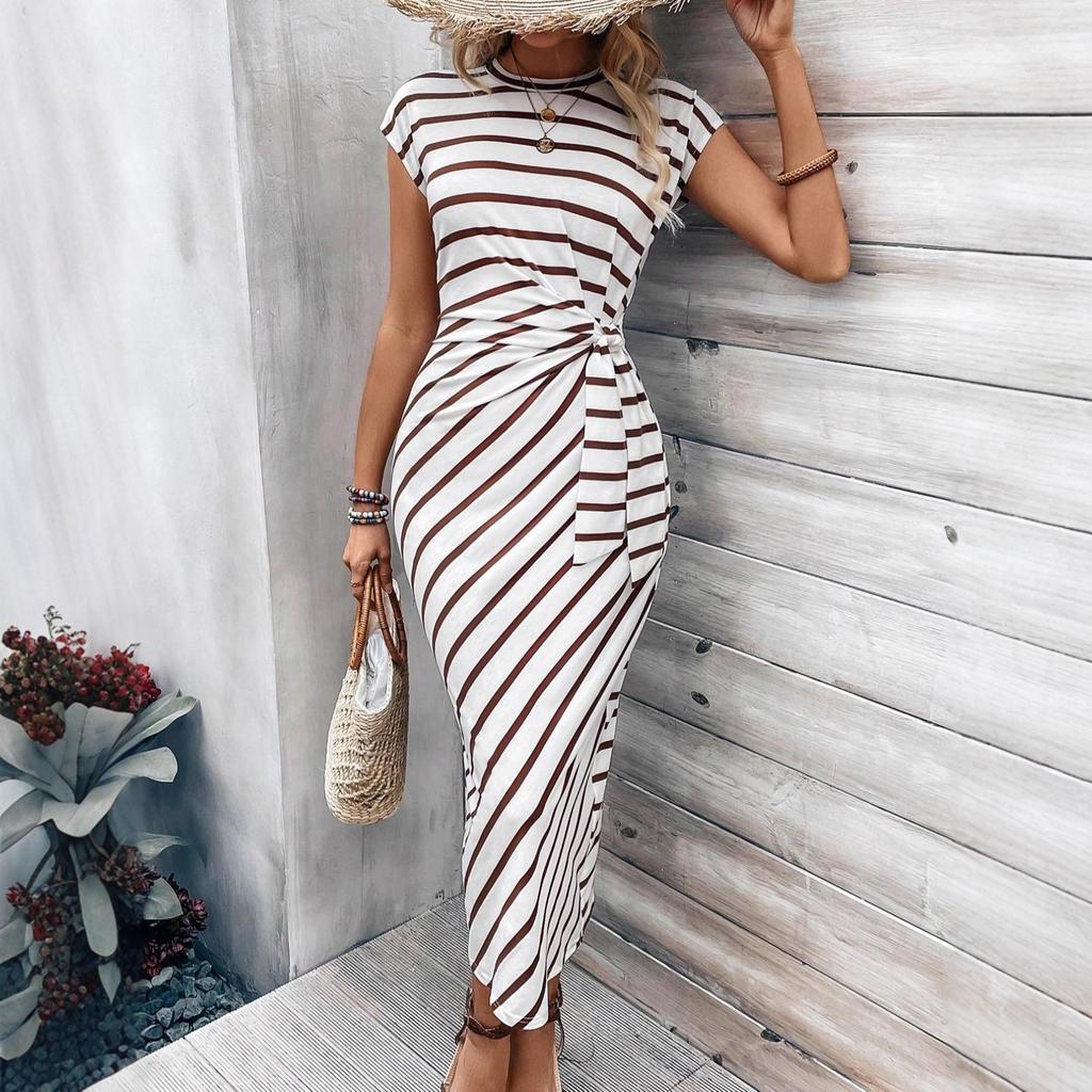 Damen Kurzarm Midi-Kleid mit diagonalen Streifen und geknoteter Taille, ausgestellt, in 6 Farben
