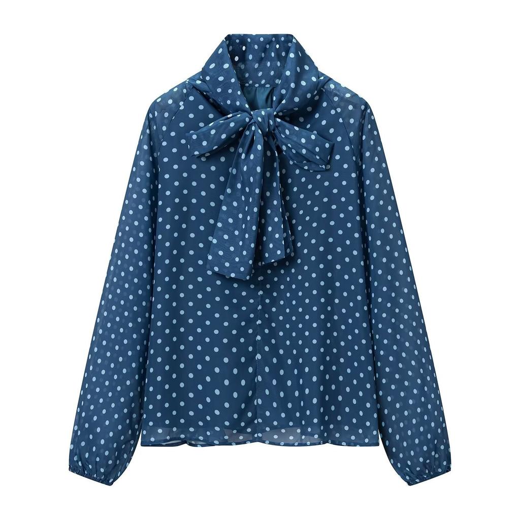 Elegant Women Korean Style Polka Dot Shirt Long Sleeve Bow Tie Collar Blouse Spring Autumn Loose Tops Fashion Sweet Simple Clothing