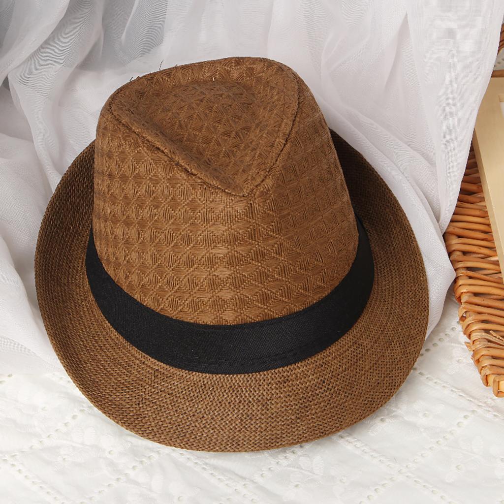 Solid Color Summer Jazz Straw Hat for Men British Curled Brim Cowboy Breathable Panama Hat Outdoor Travel Beach Ribbon Caps