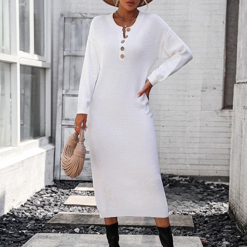 IHUASU Podzimní a zimní knoflíkové pletené šaty Módní Temperament Commuter Dámský svetr