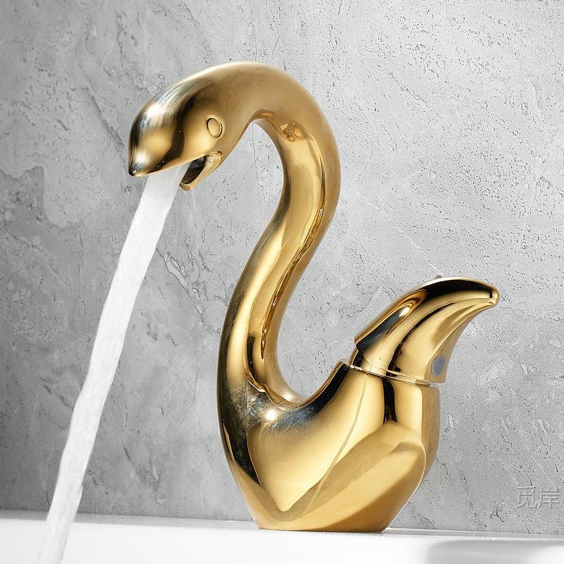 Gold Creative Swan Basin Faucet, Solid Brass Bathroom Vanity Sink Faucet, Hot and Cold Water Faucet, Gunmetal Gray