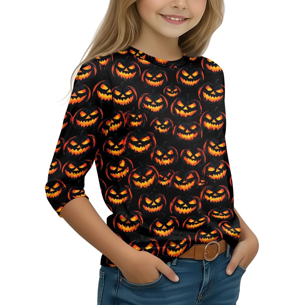 Kids Halloween Printed T-Shirt 3/4 Sleeve Round Neck Casual Top with Pumpkin Witch Design
