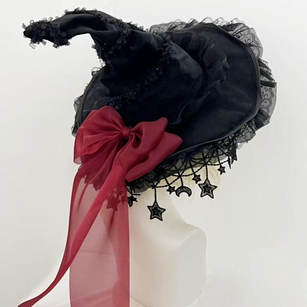 Lace Lolita Witch Hat Bow Ribbon Cosplay Accessories Party Headwear Wizard Cap Women's Costume