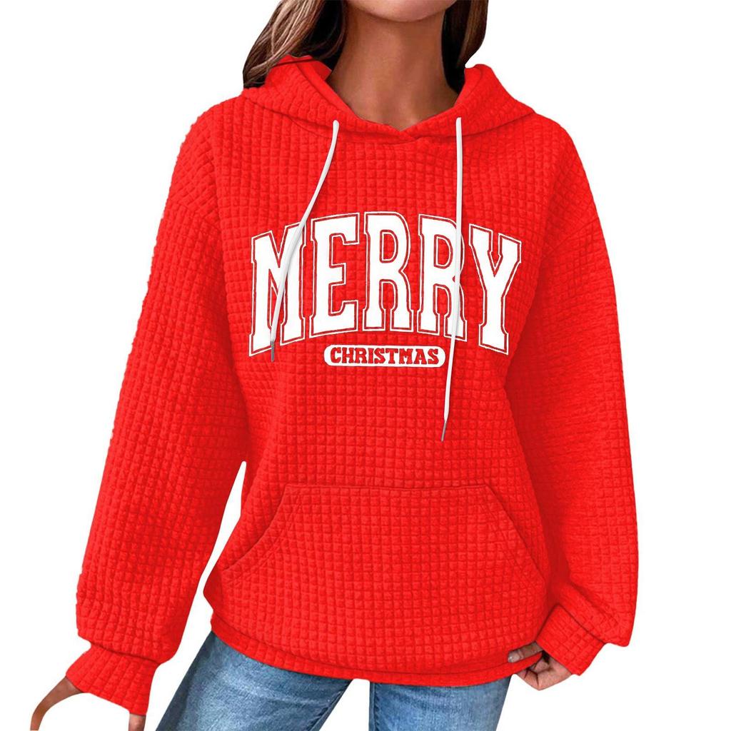 Women's Fashion Loose Hooded Pullover Long Sleeve Plaid Sweatshirt With Drawstring, Drop Shoulder, Pocket, Christmas Print Top