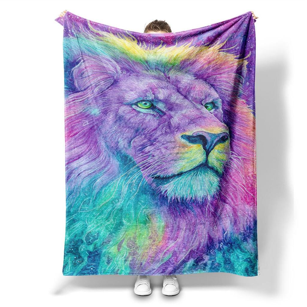 Rainbow Lion Flannel Throw Blanket – Vibrant Art Design, Soft Cozy Fleece for Home, Office, Sofa & Car – All-Season Use