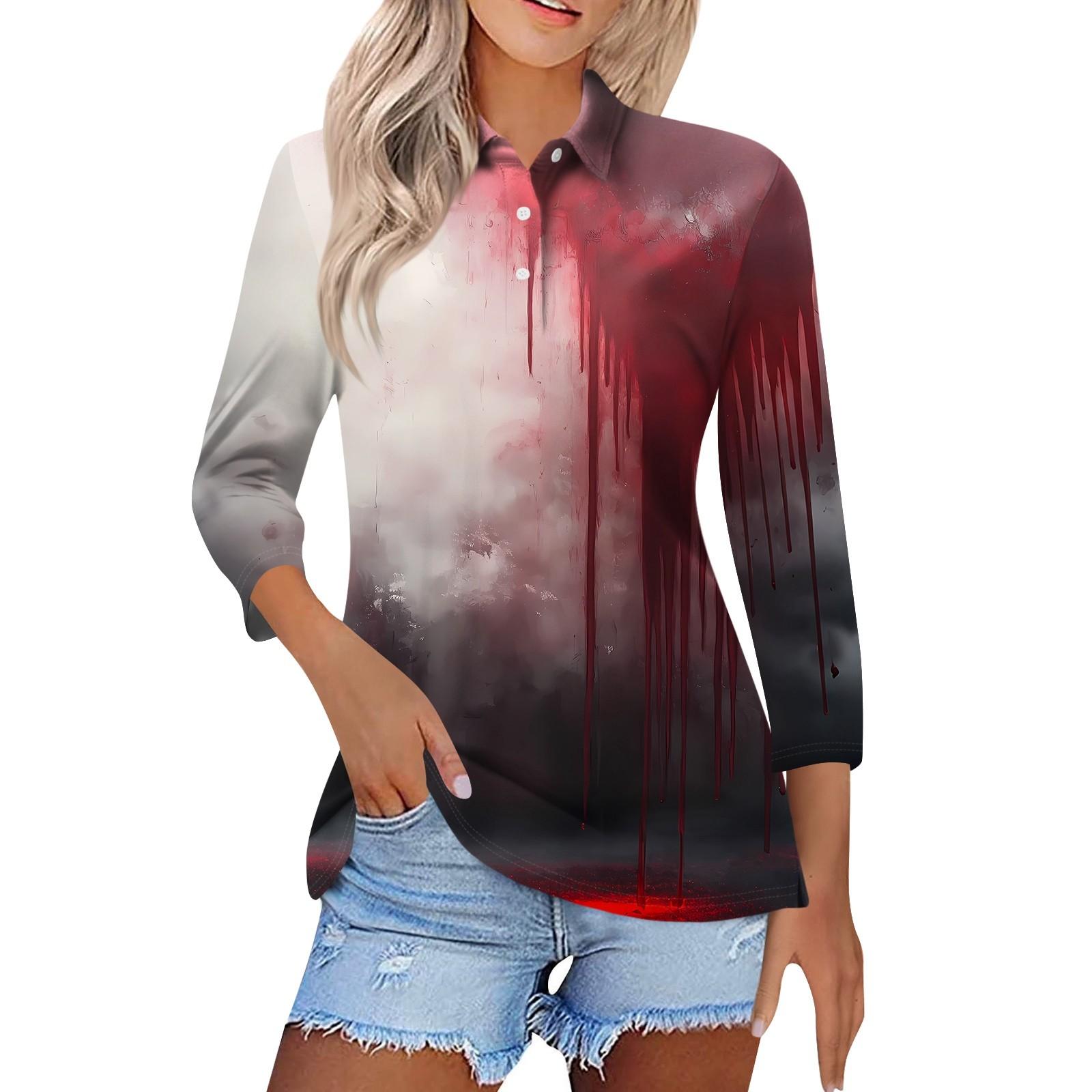 

Женская модная повседневная рубашка с лацканами и рукавом 3/4 с принтом на Хэллоуин, женские топы на пуговицах L