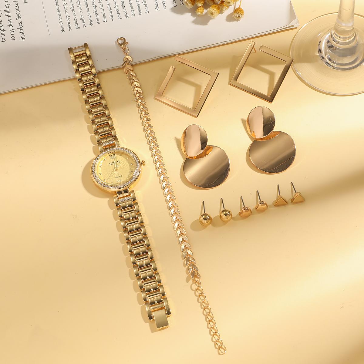 

Fashionable Simple Diamond Dot Scale Round Dial Steel Band Women s Quartz Watch Set 12 Piece Set for Christmas and Halloween Gif золотой