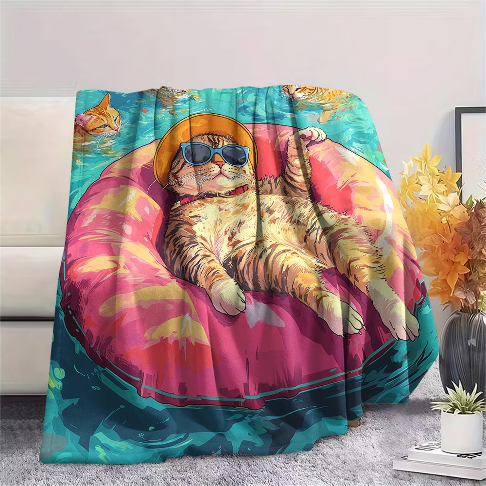 Cats with Swim Rings  Print Flannel Blanket, High quality Comfortable for All Seasons, Home Decor, Warmth and Comfort