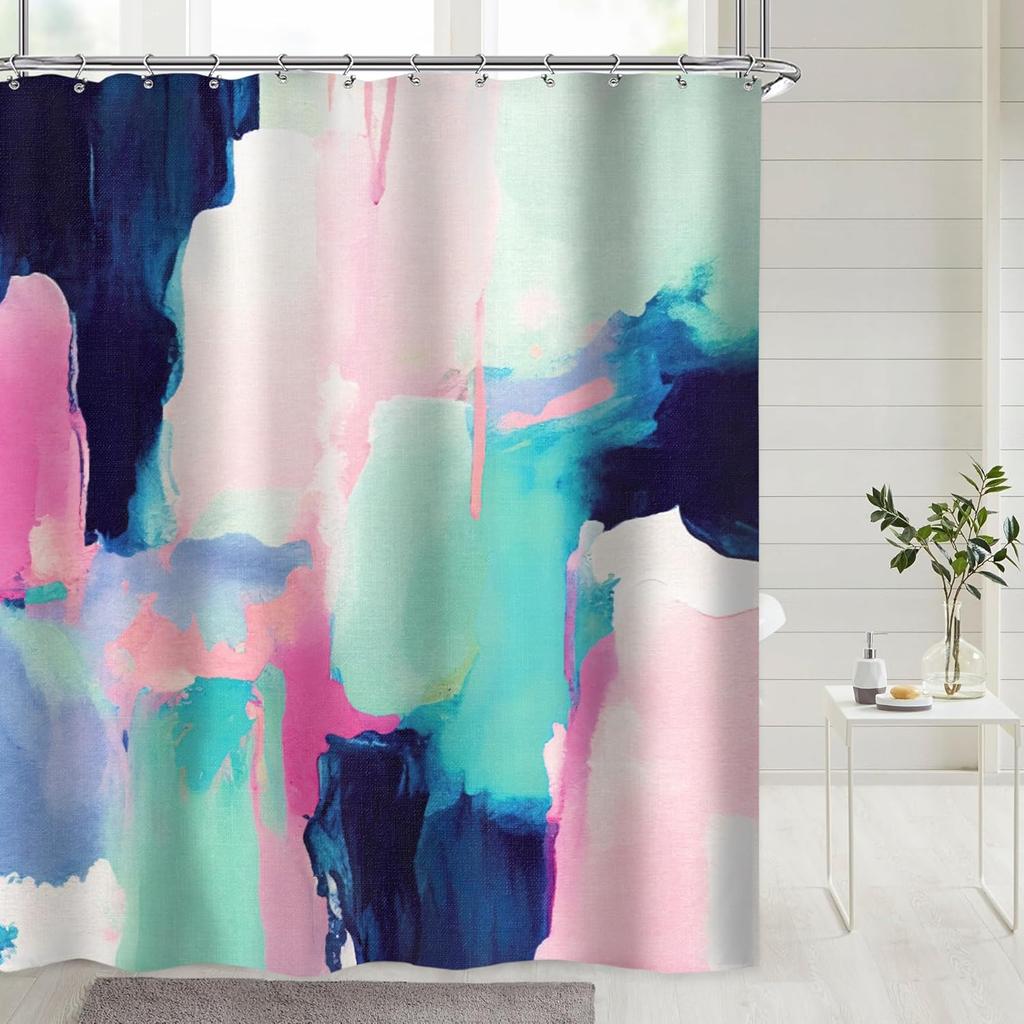 Riyidecor Abstract Watercolor Shower Curtain Blue Pink Aesthetic Modern Art Ombre Contemporary Colorful Girls Women