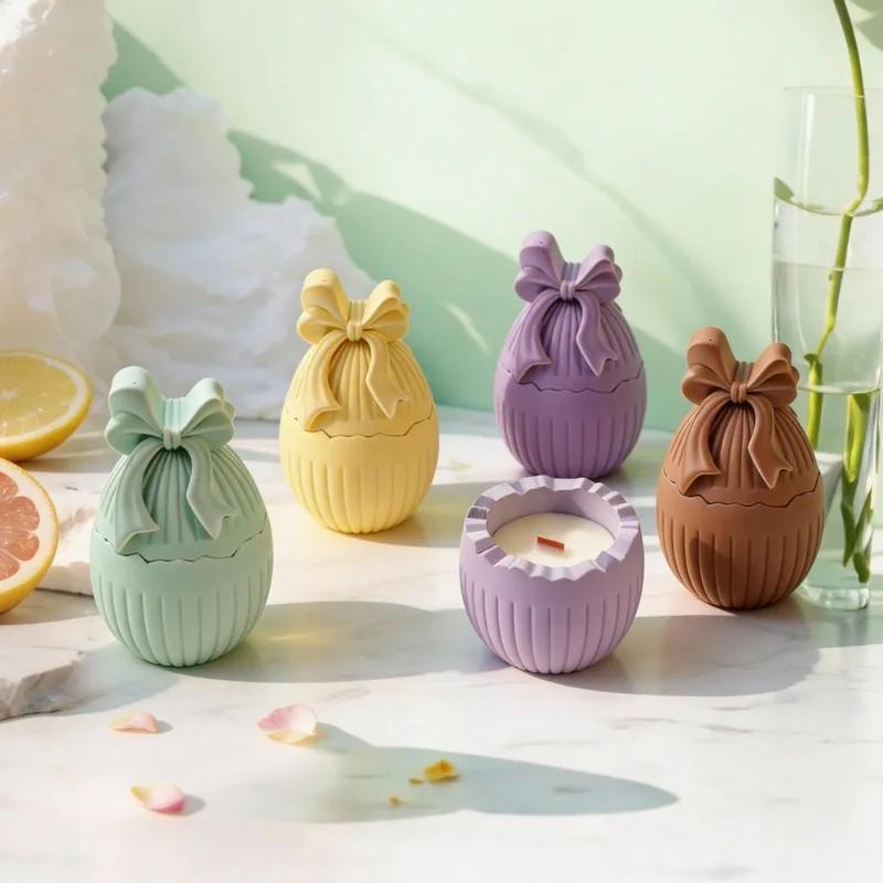 2026 Latest Models Easter Egg Candle Jar Concrete Silicone Mold Candle Holder Mold Bowknot Egg Plaster Storage Candlestick