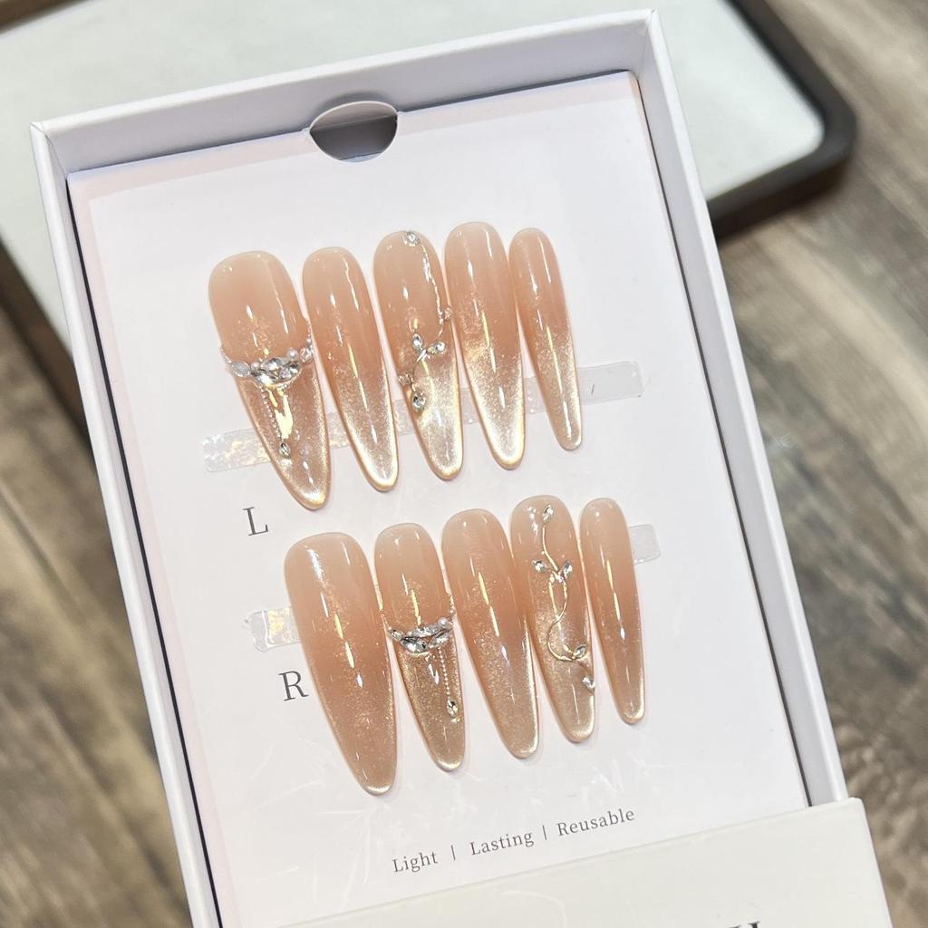 Handmade High-End Cat Eye Nude French Diamond Removable Press-On Nails