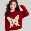 Girls' Winter Mink Velvet Butterfly Sweater - New Year Red Knit Pullover 2026