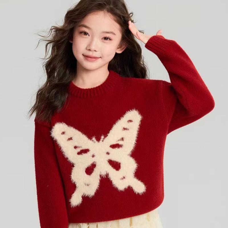 Girls' Winter Mink Velvet Butterfly Sweater - New Year Red Knit Pullover 2026