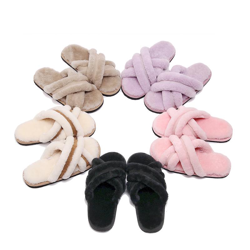 Women's Leather & Fur Cross Toe Flat Shoes - Cozy Autumn/Winter Versatile Thick-Soled Footwear for Home & Outdoor.