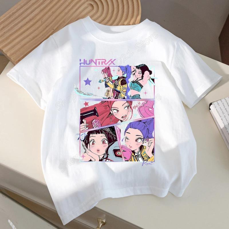 

Детская футболка KPop Demon Hunters, мультяшная белая футболка, топ, аниме, круглый вырез, короткий рукав, одежда, детская летняя одежда, подарок 130