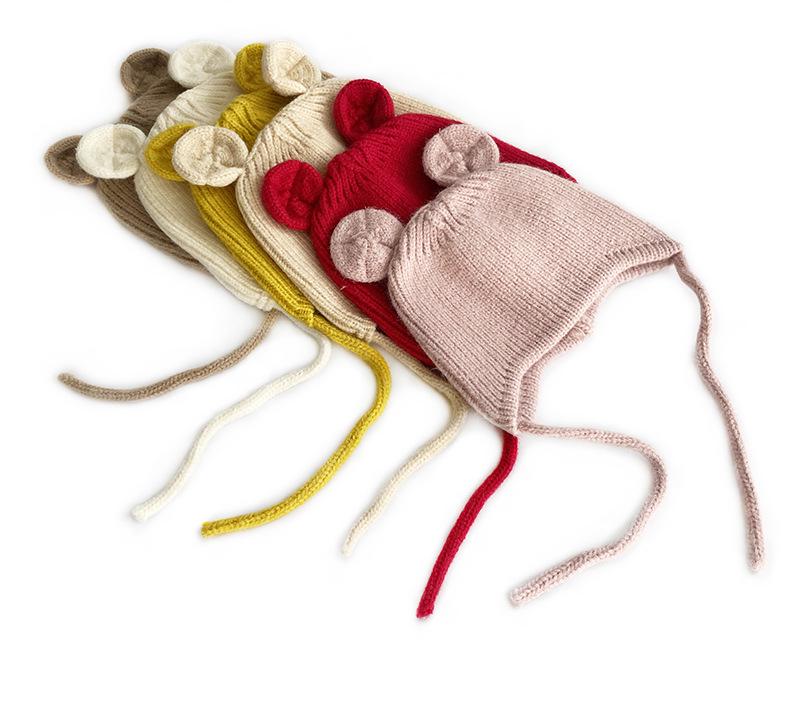 Children's Cute Knit Hat with Round Ears - Autumn/Winter Wool Hat with Drawstring and Ear Protection for Boys and Girls