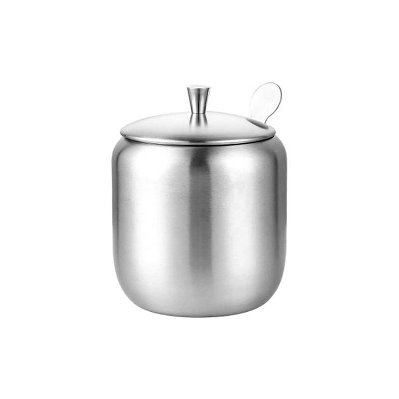 1set 350ml Stainless Steel Sugar Bowl Coffee Seasoning Jar Condiment Pot Spice Container Canister Cruet with Lid and Spoon