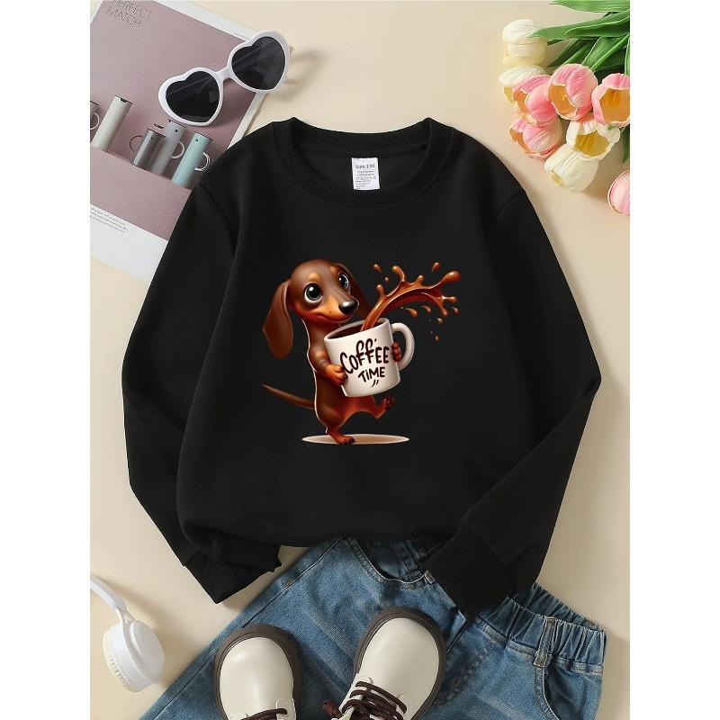 Girls' Crewneck Sweatshirt - Coffee Time Dachshund Splash Art Machine Washable, Spring And Autumn, Sportswear And Casual Wear