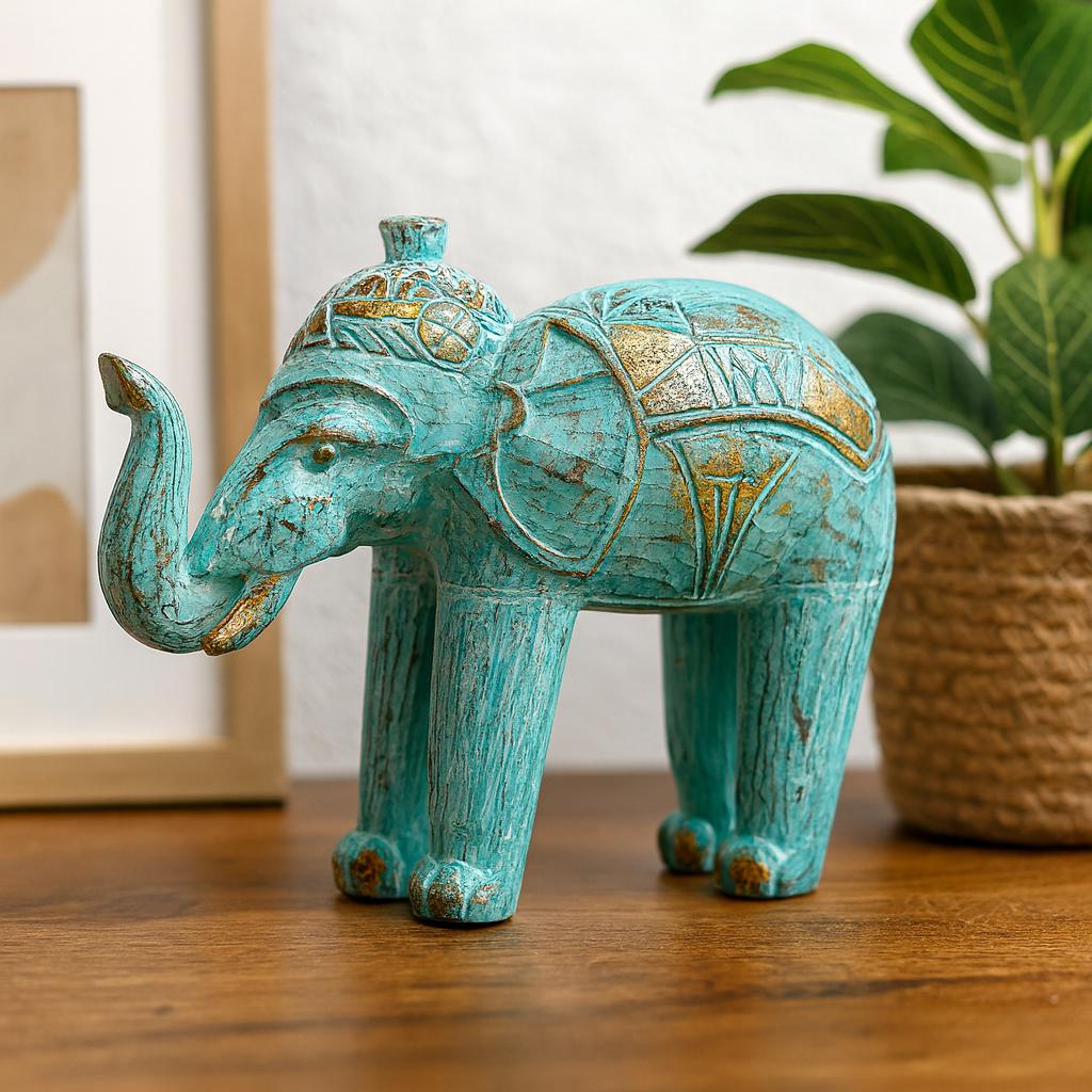 Shamtam Turquoise/Gold Hand Carved Wooden Elephant Statue,