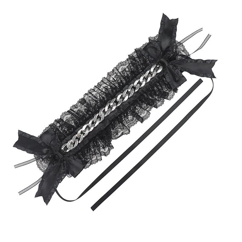 Lace Gothic Punk Hairband Women Harajuku Style Headband With Metal Chain Anime-Inspired Accessory Handmade Bow Design