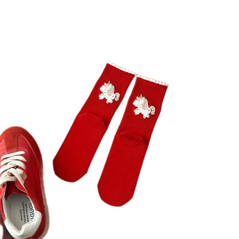 Big Red Socks Cartoon Middle Tube Peace, Joy, Wedding Good Luck Socks Gift Red Socks