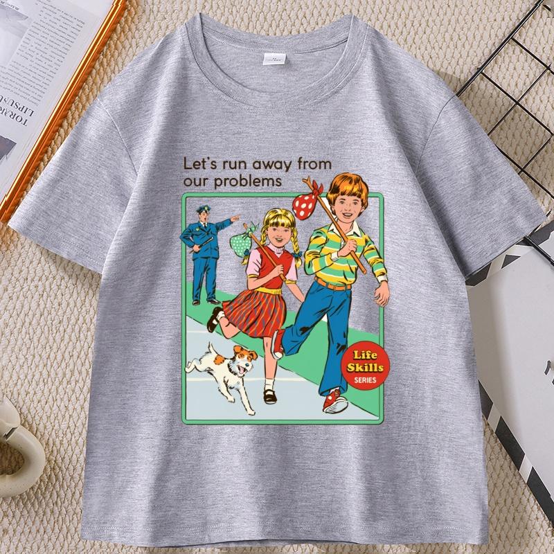 Lets Run Away Graphic T Shirts Crewneck Vintage Short Sleeve Unisex WOMEN Tee Shirt Unisexs Designer Clothing Streetwear Tops