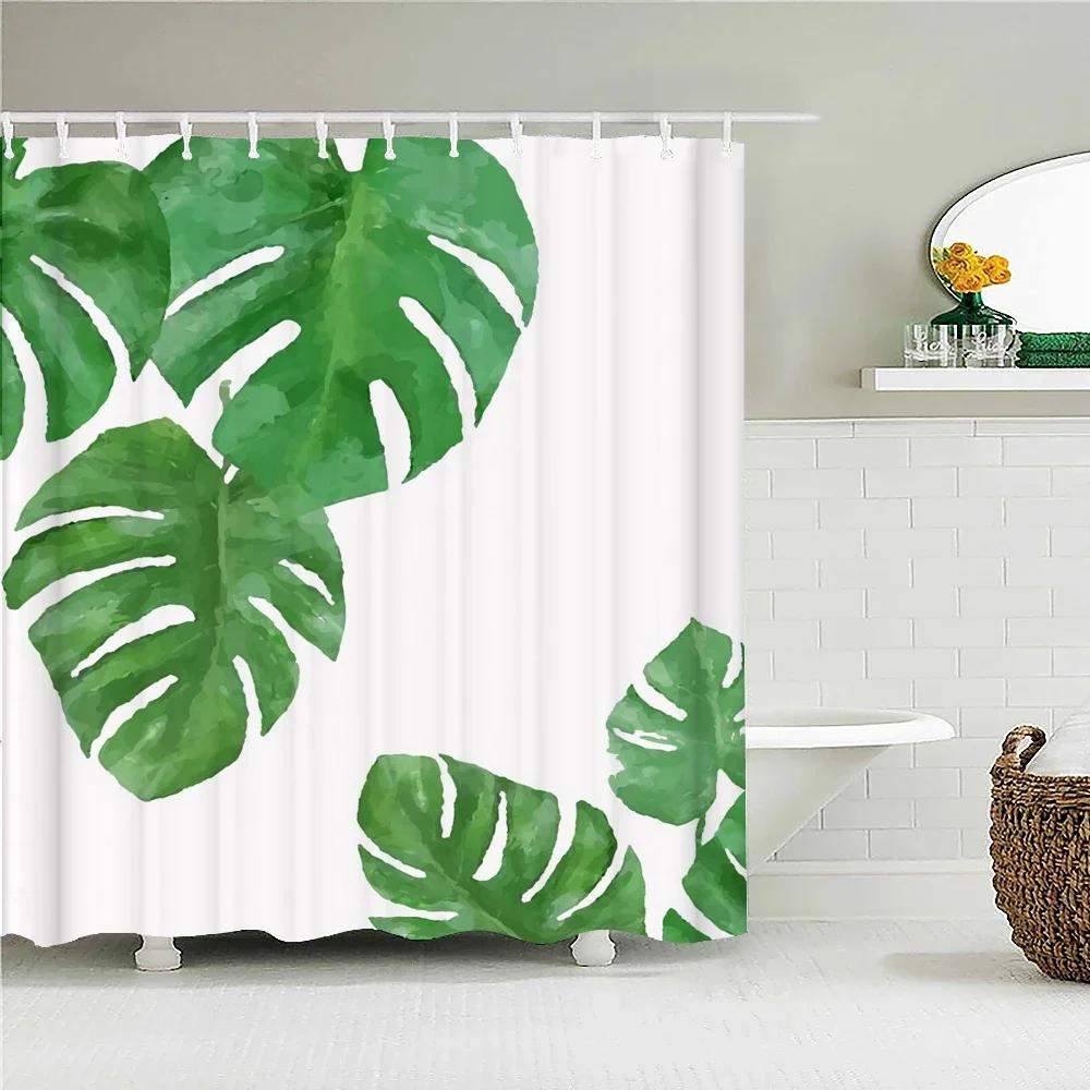 Waterproof Fabric Shower Curtain Printing Fresh Green Plant Leaves Bathroom Curtains Polyester Decoration Bath Screen With Ho