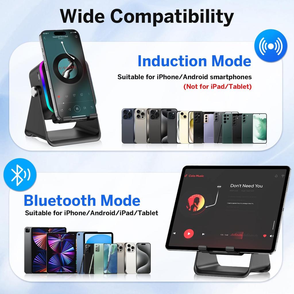(améliorer)Haut-parleur à induction sans fil à auto-induction 5 en 1, support de téléphone avec 8 lumières RVB, son surround, support de téléphone Bluetooth portable