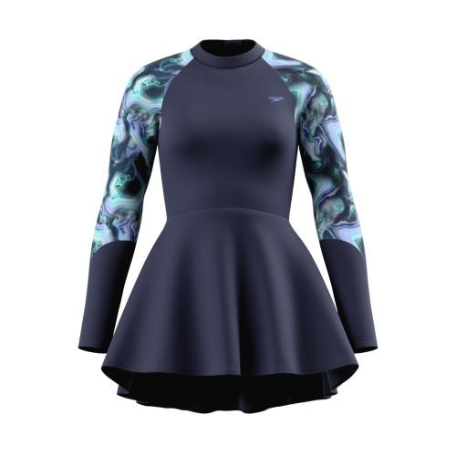 Speedo (14 Uk, Navy) Womens/Ladies Modern Patterned Long-Sleeved Swim Dress - Image 2