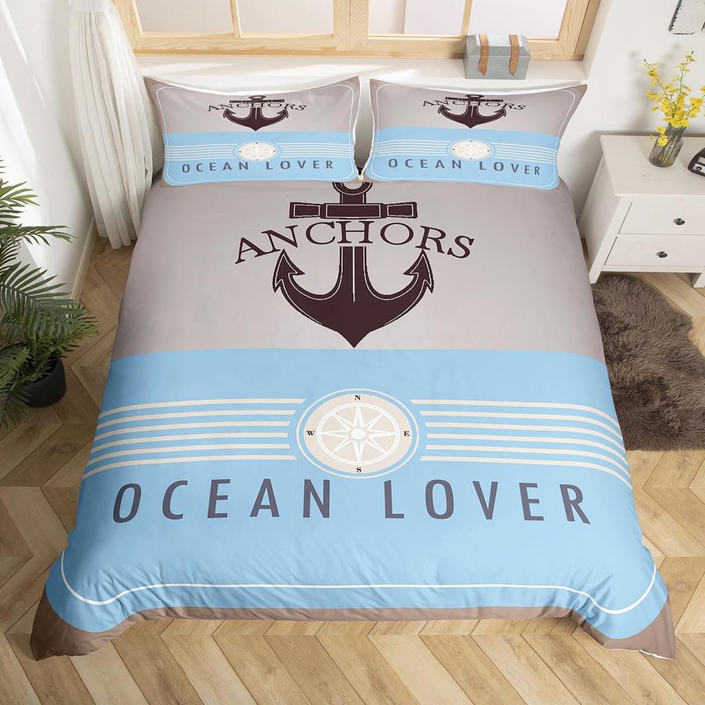 Anchor Compas Soft Duvet Cover Nautical Warm Comforter Cover Ful King Geometric Stripes Beding Set Coastal Adventure Theme Comfortable Quilt Cover