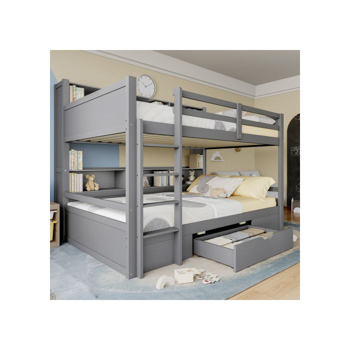 Lit Superposé - MUVOE - 90x200cm - Gris - Avec Tiroirs - Sécurisé Pour Enfants