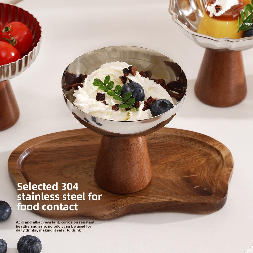 Fruit Bowl Restaurant Cake Ice Cream Desktop Stainless Steel Wooden Foot Dessert Tall Cup Dessert Bowl Decoration Storage Trays