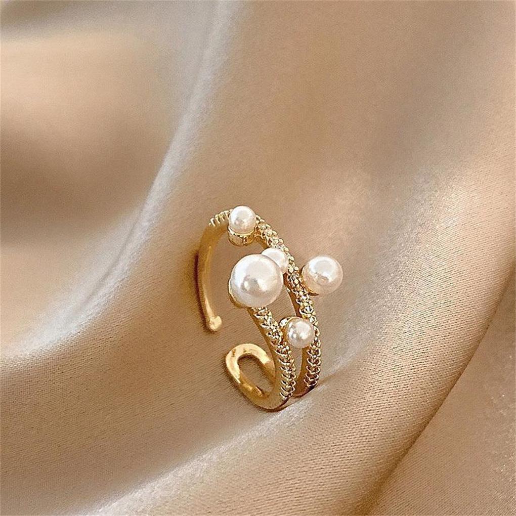 Women Double-deck Pearl Ring Adjustable Festival Wedding Engagement School Beach Shop Trendy Jewelry for Girls