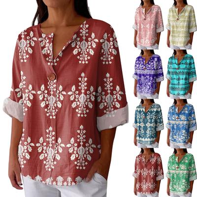 Women's Fashionable Casual V-neck Button Seven Quarter Sleeve Printed Cotton And Linen Top