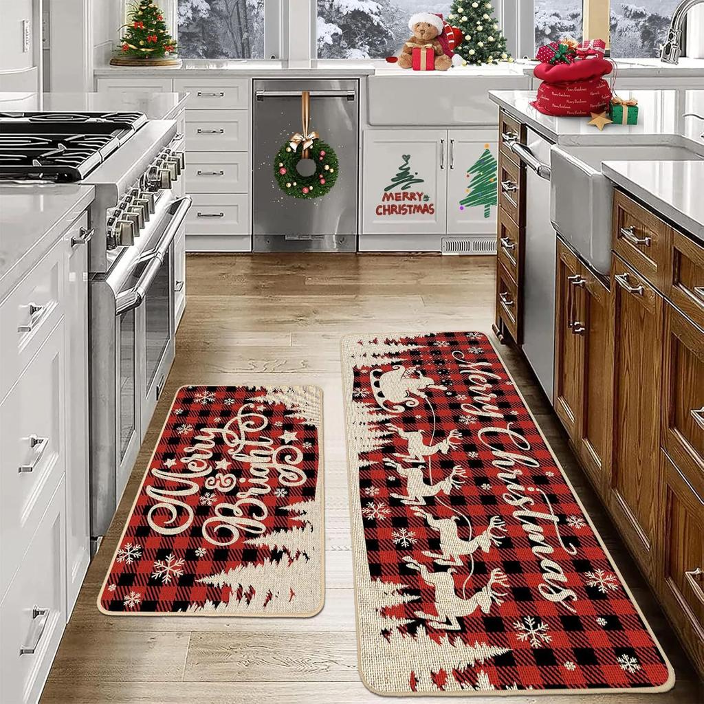 2pcs Christmas Atmosphere Floor Mat Non-slip Stain-resistant Bathroom Mat Kitchen Rug for Holiday Home Decoration