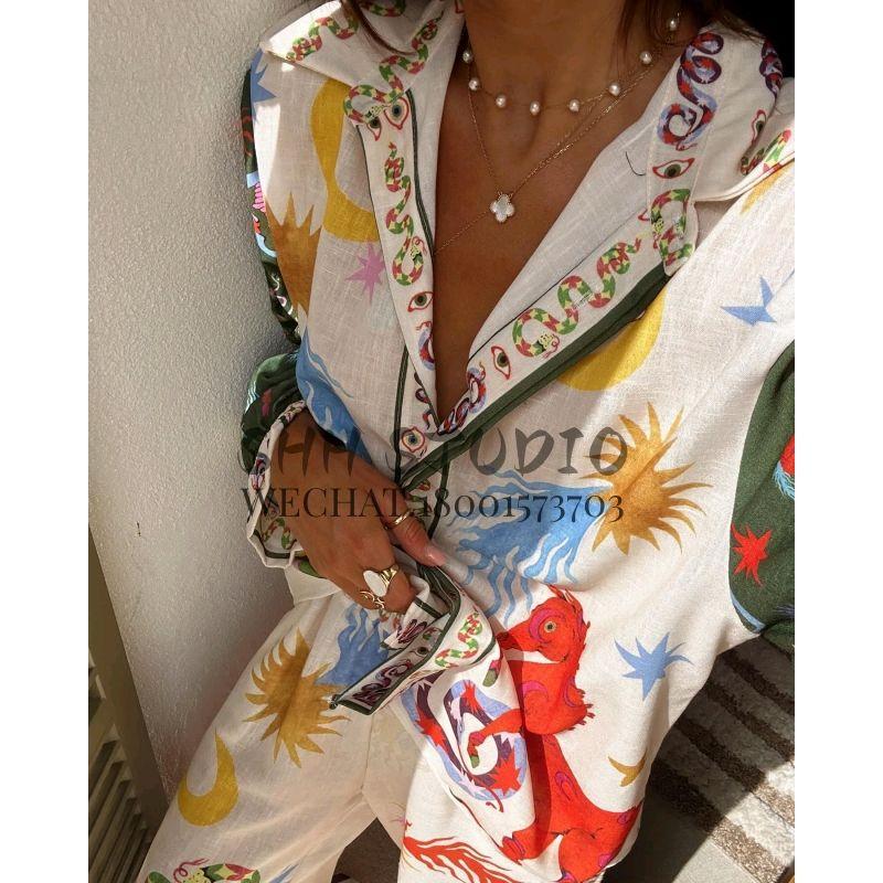 Spring New Women's Clothing Fashion Trendy Bohemia Lapel Long Sleeves Print Shirt High Waist Straight-Leg Pants