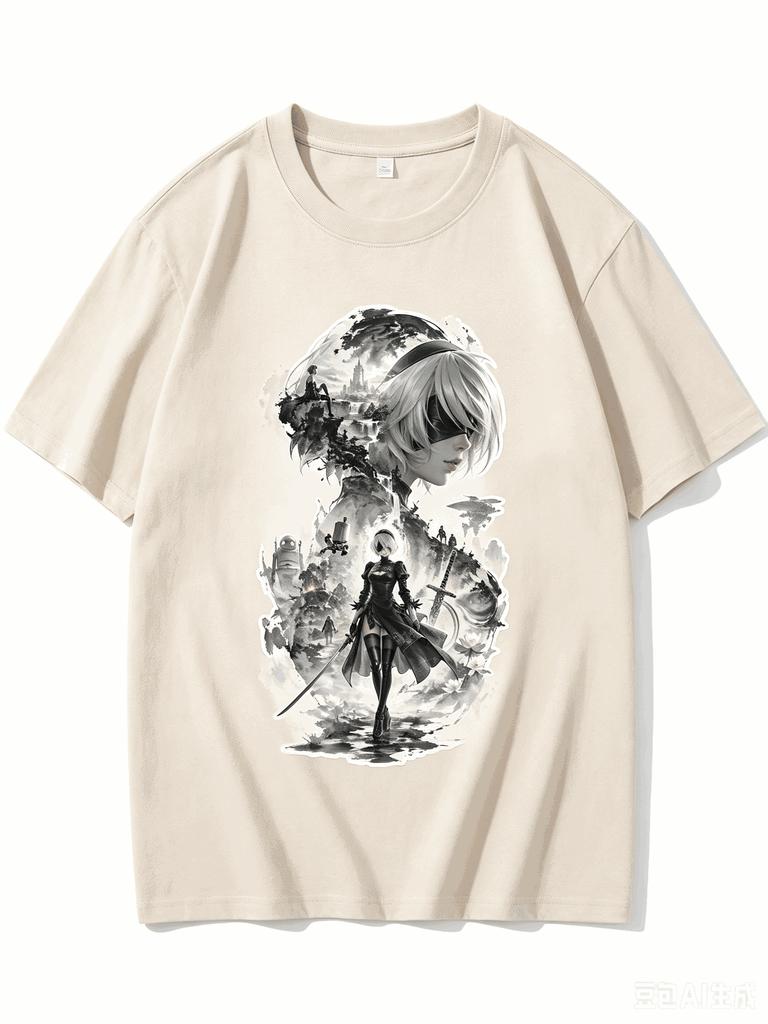 2026 New Unisex Crew Neck Casual Short Sleeve T-Shirt With Ink Wash Double Exposure 2B Print From NieR Automata T-shirt