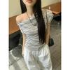 Women Striped One Shoulder Short Sleeve Slim Fit Casual T Shirt Top